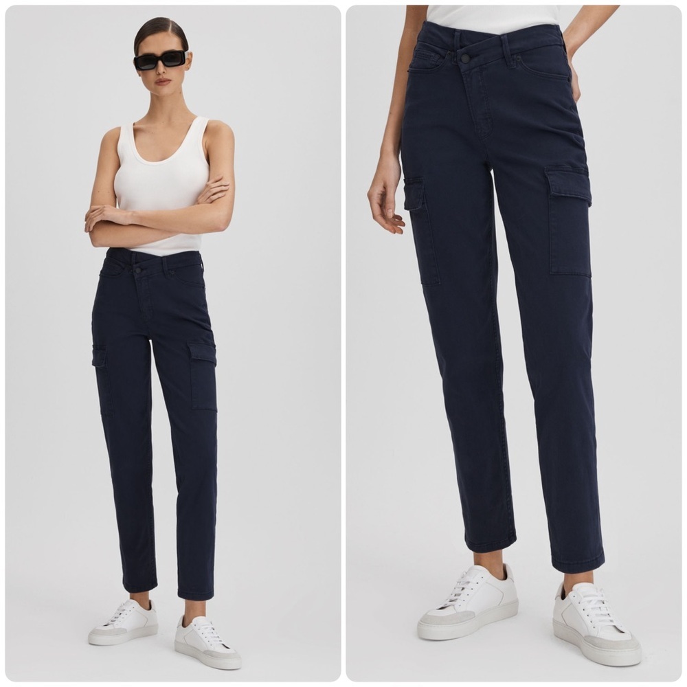 New! Good American Navy Tapered Fit Cargo Trouser Pants Asymmetric waistband💙 27